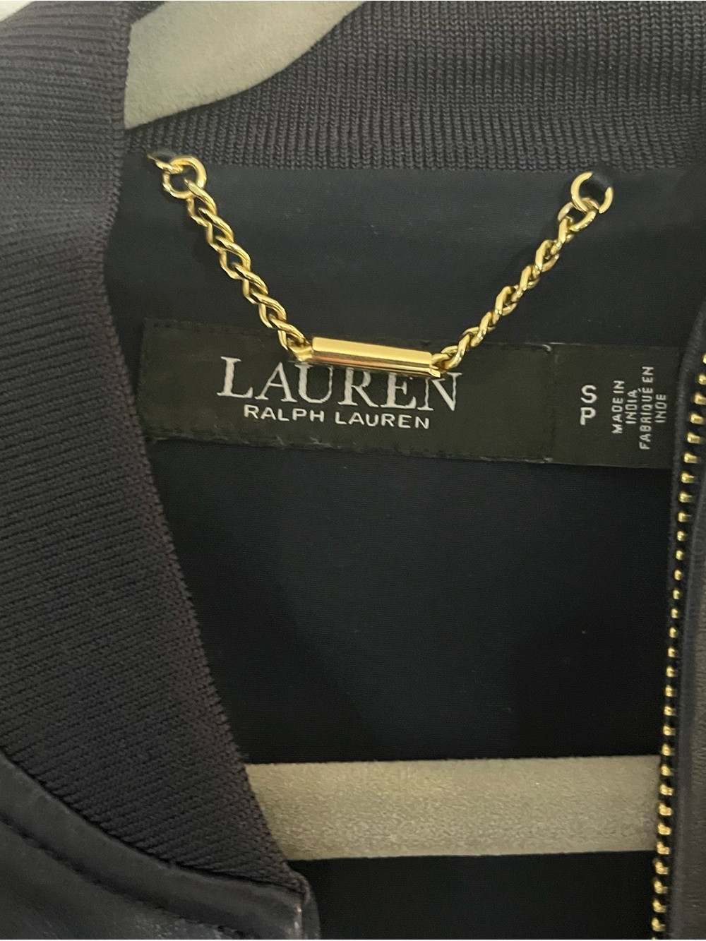 Lauren Ralph Lauren navy leather bomber Jacket with Gold zipper Detail - size S